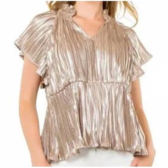 THML gold pleated holiday Christmas party women's shirt metallic shimmer top NEW - Picture 2 of 16